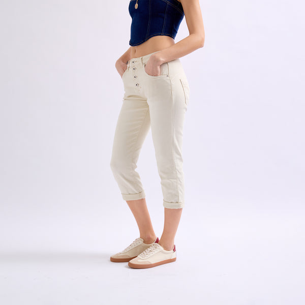 Color:Beige , Pantacourt en JoggJeans à Boutons - Pantacourt Femme - Place du jour