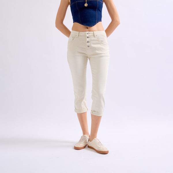 Color:Beige , Pantacourt en JoggJeans à Boutons - Pantacourt Femme - Place du jour