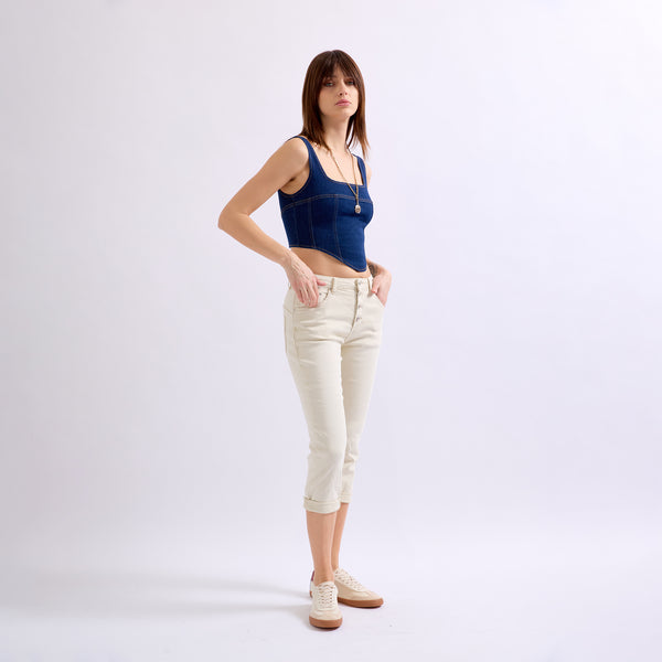 Color:Beige , Pantacourt en JoggJeans à Boutons - Pantacourt Femme - Place du jour