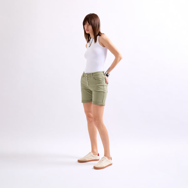 Color:Kaki, short couleurs taille haute boutons fantaisies Place du jour