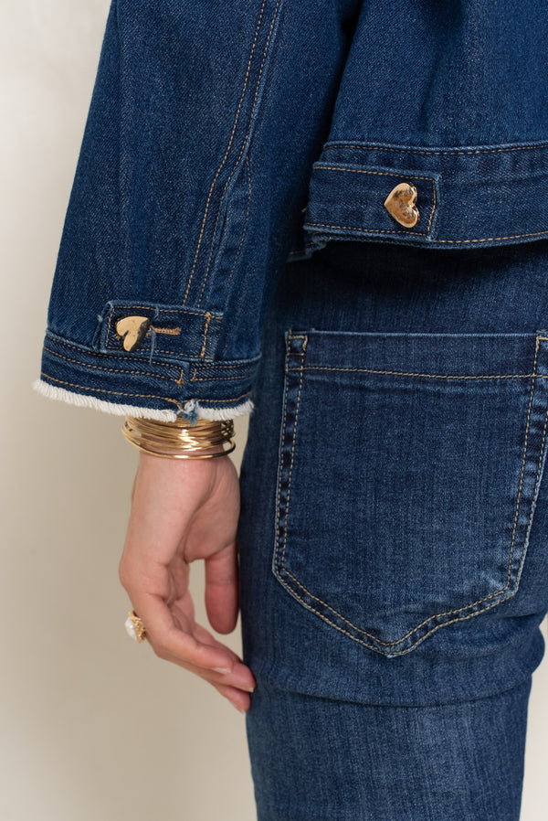 Color:Jean bleu fonce,Blouson en jean col rond boutons coeurs dorés - Jean femme - Place du jour