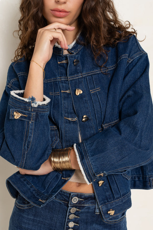 Color:Jean bleu fonce,Blouson en jean col rond boutons coeurs dorés - Jean femme - Place du jour