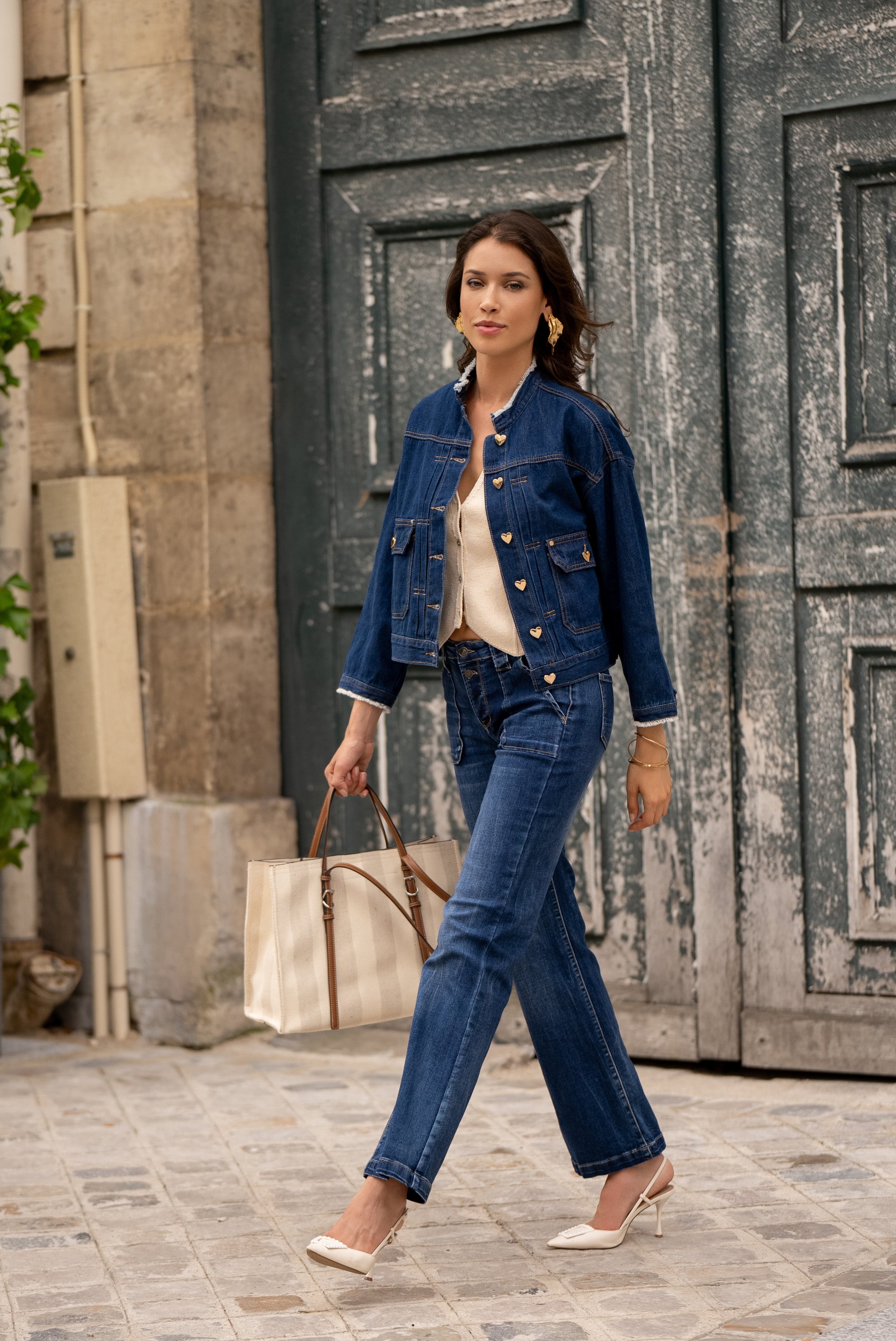 Veste Jean Boutons Coeurs Dorés Veste Jean Boutons Coeurs Dorés