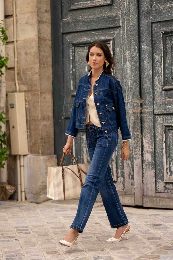 Color:Jean bleu,Blouson en jean col rond boutons coeurs dorés - Jean femme - Place du jour