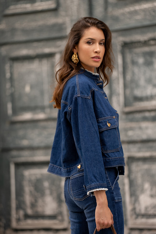 Color:Jean bleu,Blouson en jean col rond boutons coeurs dorés - Jean femme - Place du jour