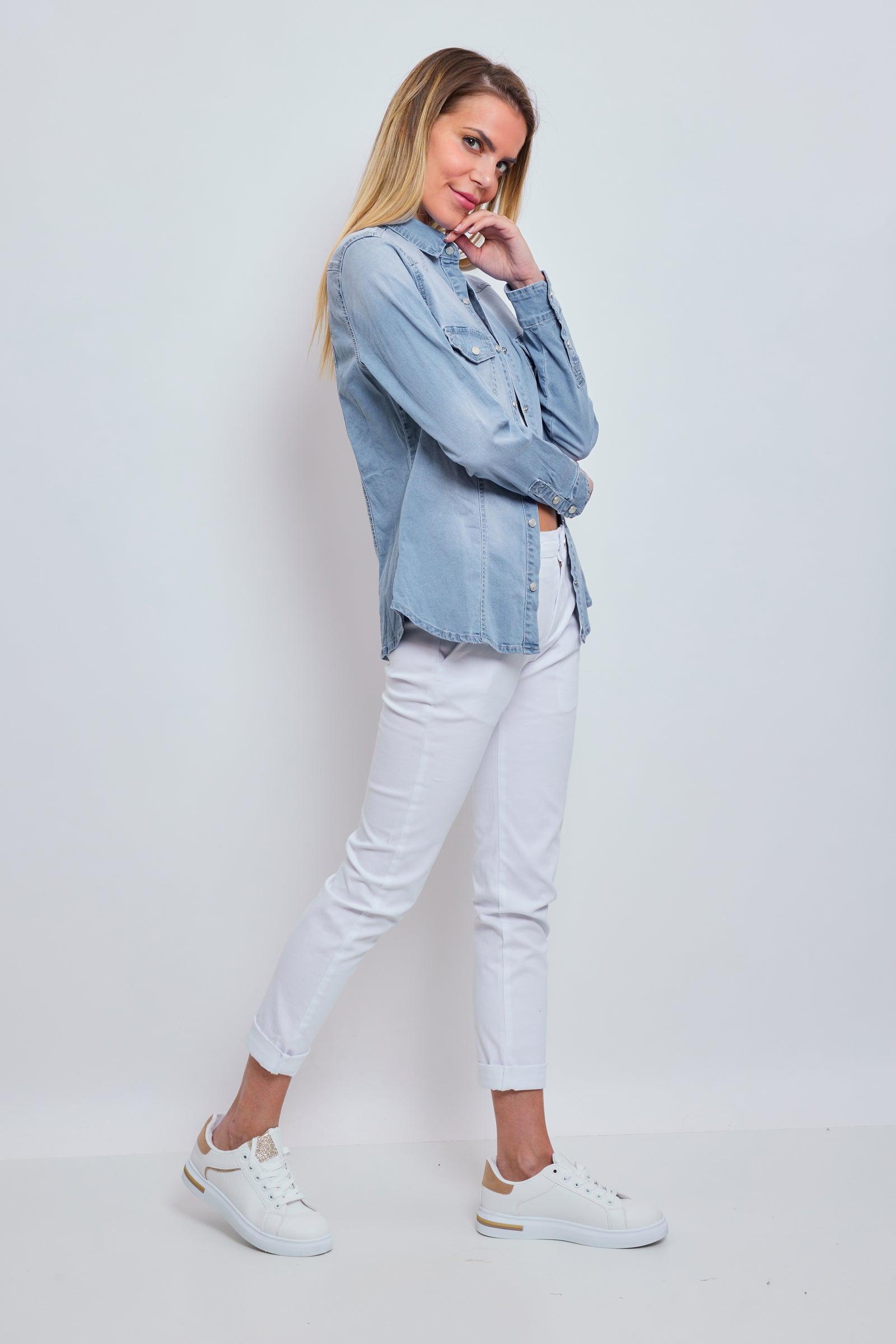 Jean bleu clair,Chemise Luna Classique en Jeans Cintrée - Jean Femme - Place du Jour Jean bleu clair,Chemise Luna Classique en Jeans Cintrée - Jean Femme - Place du Jour