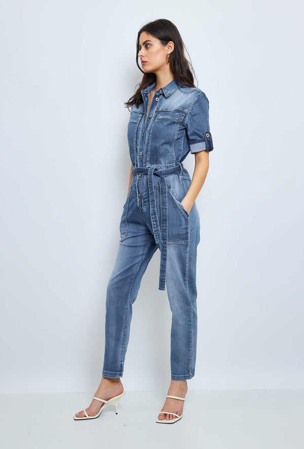 Color:Jean bleu, Combinaison Manches Courtes Couleurs - Tendance - Combinaison Couleur femme - Place du jour