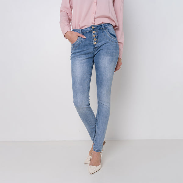 Color:Jean bleu clair,Jean Boyfriend taille haute boutons dorés - Jean femme - Place du jour