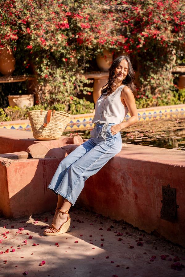 Color:Jean bleu clair,Jean chino coupe droite 7/8 - Jean femme - Place du jour