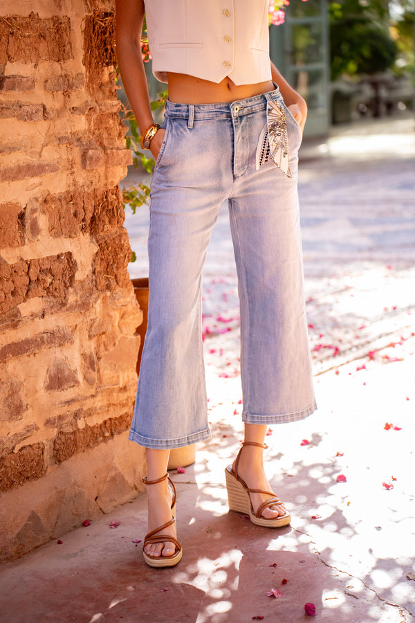 Color:Jean bleu clair,Jean chino coupe droite 7/8 - Jean femme - Place du jour