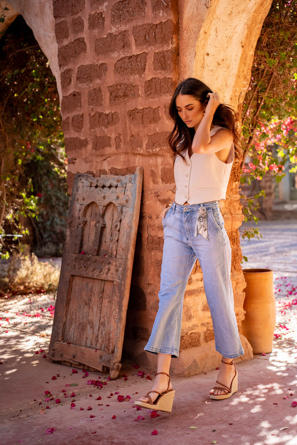 Color:Jean bleu clair,Jean chino coupe droite 7/8 - Jean femme - Place du jour