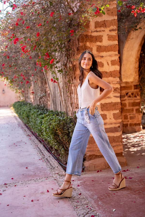 Color:Jean bleu clair,Jean chino coupe droite 7/8 - Jean femme - Place du jour