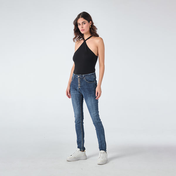 Color:Jean bleu fonce, Jeans Boyfriend avec Boutons Fantaisies - Femme - Place du jour