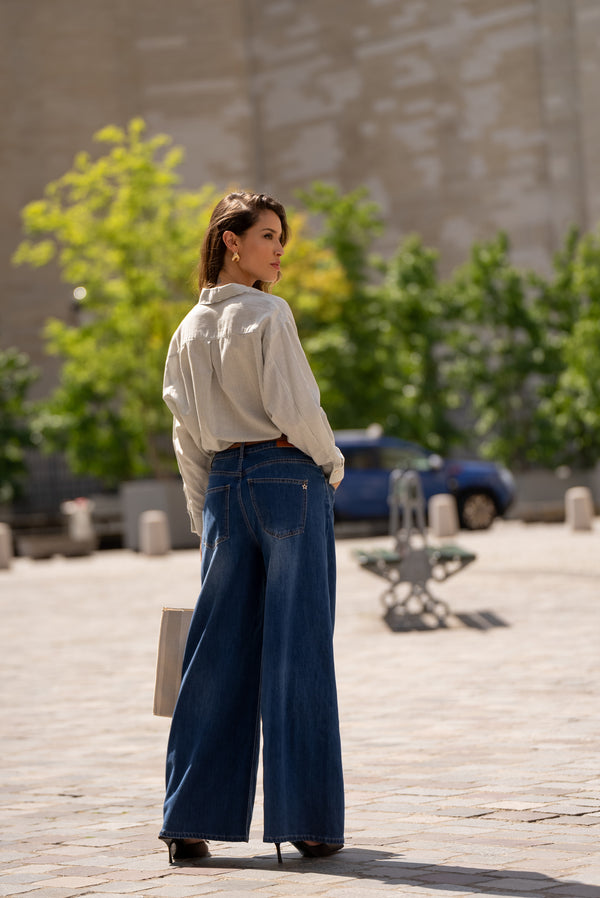 Color:Jean bleu fonce,Jean Bleu Fonce Taille Haute Evasé - Jean Femme - Place du jour