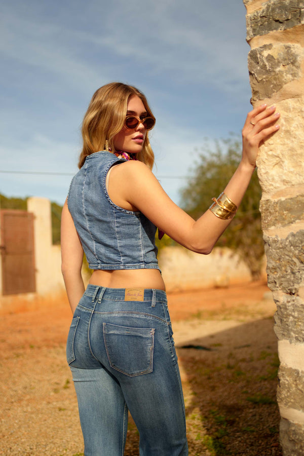 Color:Jean bleu,Jean Coupe Droite Taille Haute Zip - Jean Femme - Place du jour