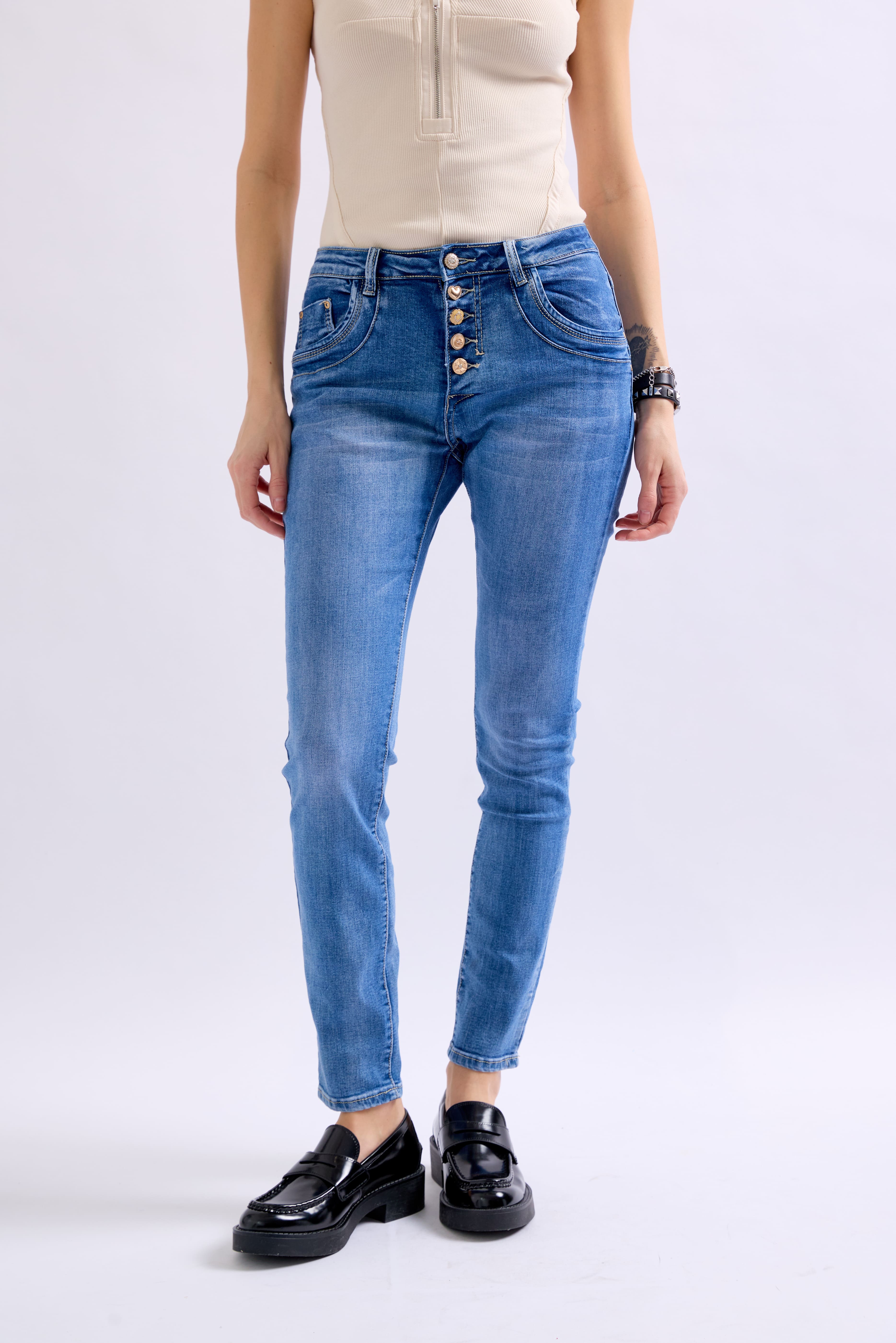 Jean bleu,Jean Boyfriend taille haute boutons dorés - Jean femme - Place du jour Jean bleu,Jean Boyfriend taille haute boutons dorés - Jean femme - Place du jour