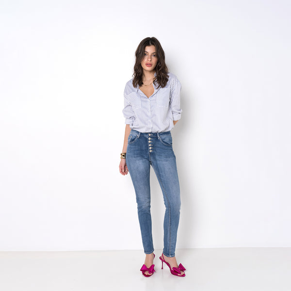 Color:Jean bleu,Jeans Bella Boyfriend à boutons argentés - Jean femme - Place du jour