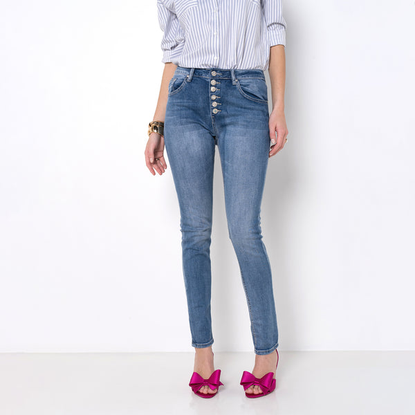 Color:Jean bleu,Jeans Bella Boyfriend à boutons argentés - Jean femme - Place du jour