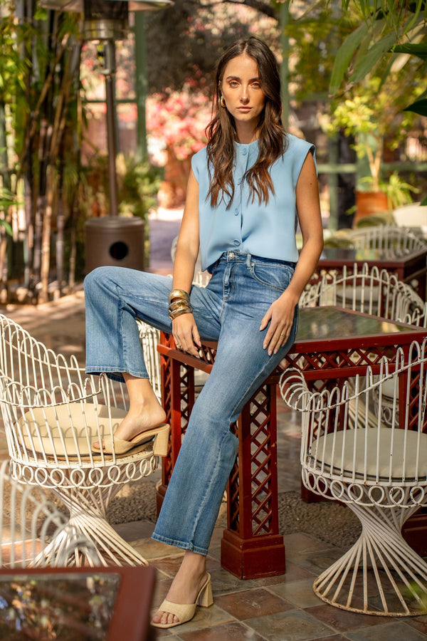 Color:Jean bleu,Jean Bleu Coupe droite Taille Haute - Jean Femme - Place du jour