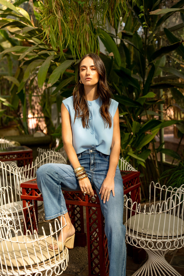 Color:Jean bleu,Jean Bleu Coupe droite Taille Haute - Jean Femme - Place du jour