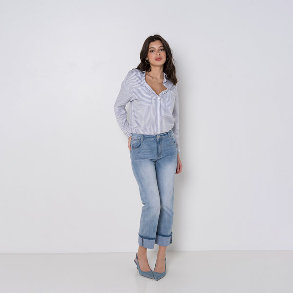 Color:Jean bleu clair,Jean Alicia coupe droite avec un revers - Jean femme - Place du jour