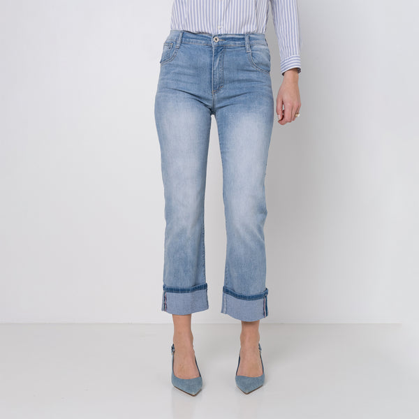 Color:Jean bleu clair,Jean Alicia coupe droite avec un revers - Jean femme - Place du jour