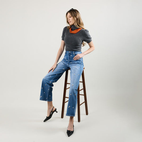 Color:Jean bleu, Jean Droit Broderie Marguerite - Jean Femme - Place du Jour