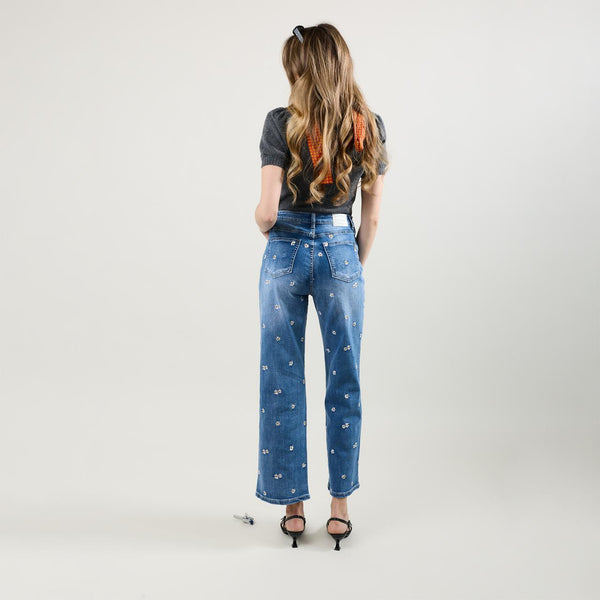 Color:Jean bleu, Jean Droit Broderie Marguerite - Jean Femme - Place du Jour