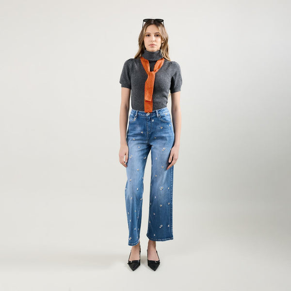 Color:Jean bleu, Jean Droit Broderie Marguerite - Jean Femme - Place du Jour