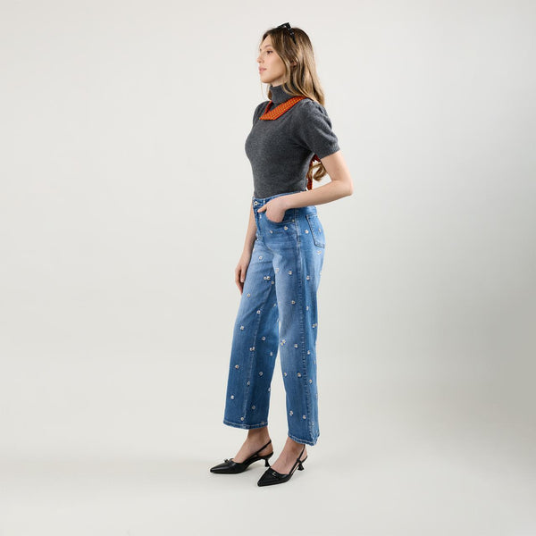 Color:Jean bleu, Jean Droit Broderie Marguerite - Jean Femme - Place du Jour