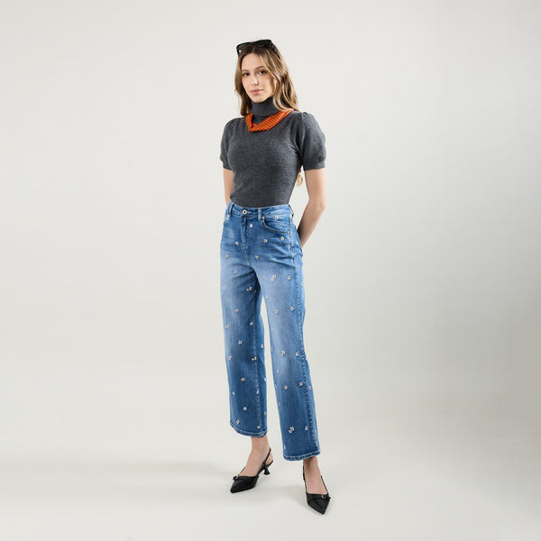 Color:Jean bleu, Jean Droit Broderie Marguerite - Jean Femme - Place du Jour