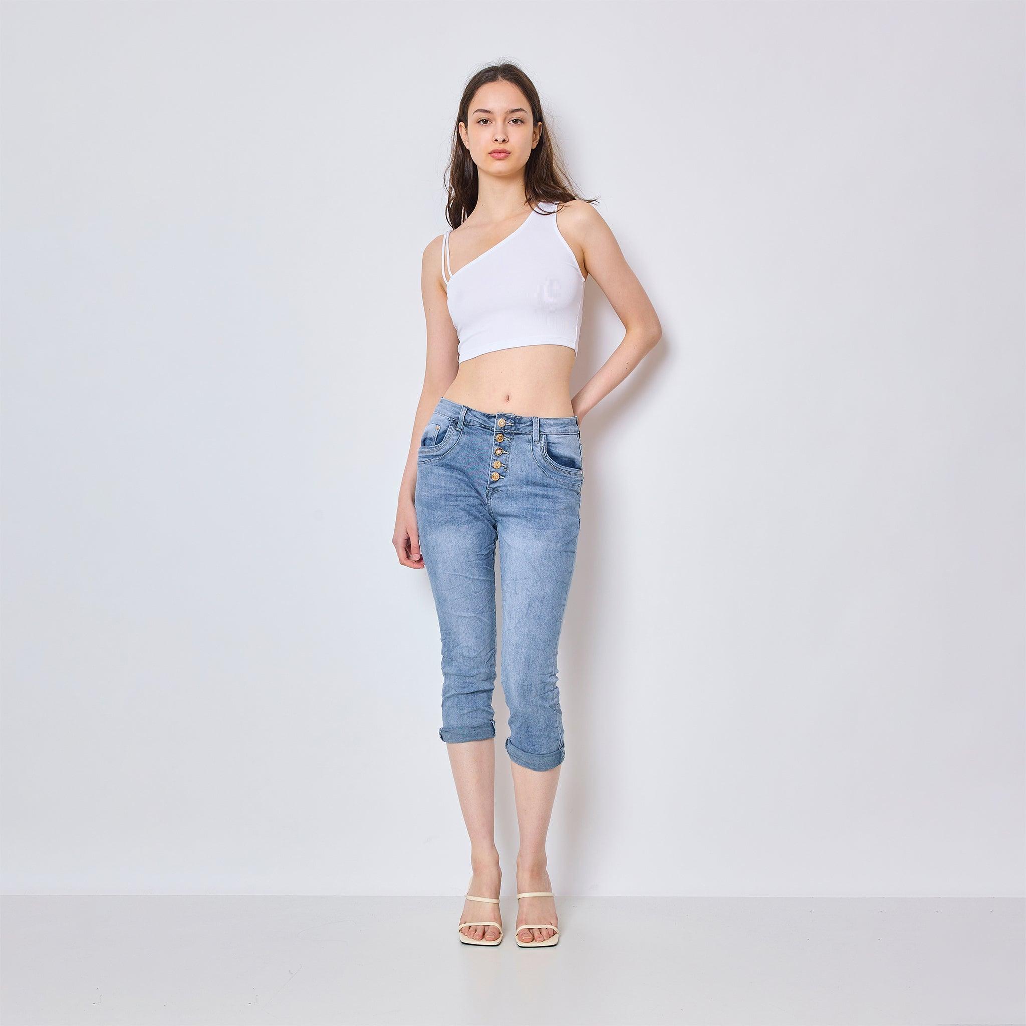 Pantalon slim anthracite extensible à taille haute et boutons dorés Pantalon slim anthracite extensible à taille haute et boutons dorés
