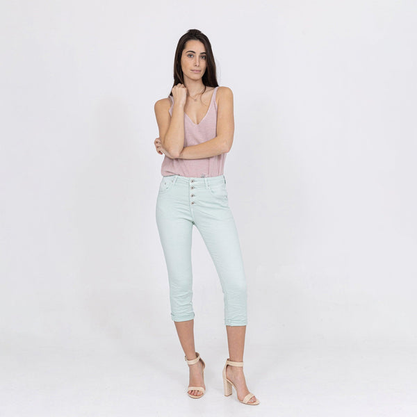 Color:Aqua , Pantacourt en JoggJeans à Boutons - Pantacourt Femme - Place du jour