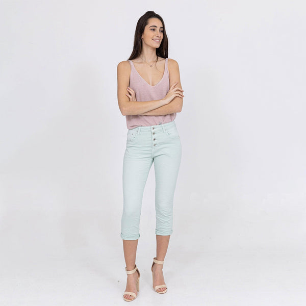 Color:Aqua , Pantacourt en JoggJeans à Boutons - Pantacourt Femme - Place du jour