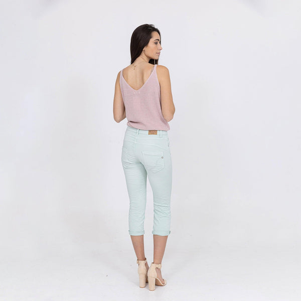 Color:Aqua , Pantacourt en JoggJeans à Boutons - Pantacourt Femme - Place du jour