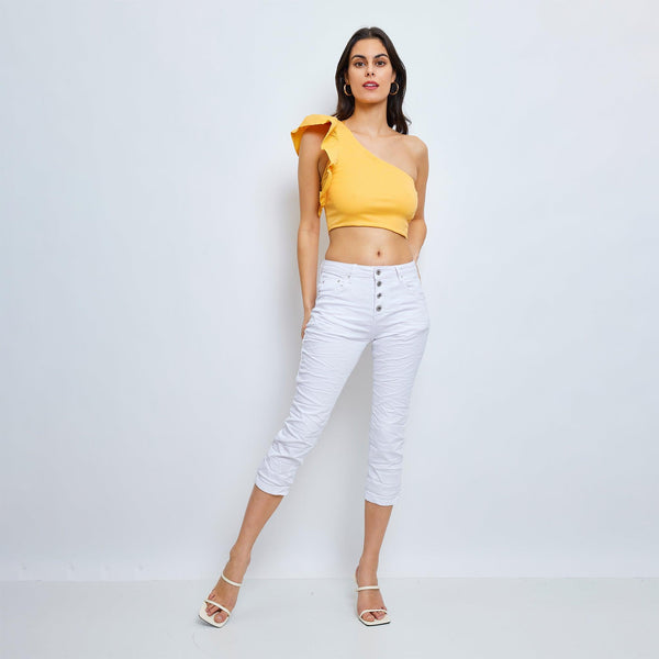 Color:Blanc , Pantacourt en JoggJeans à Boutons - Pantacourt Femme - Place du jour
