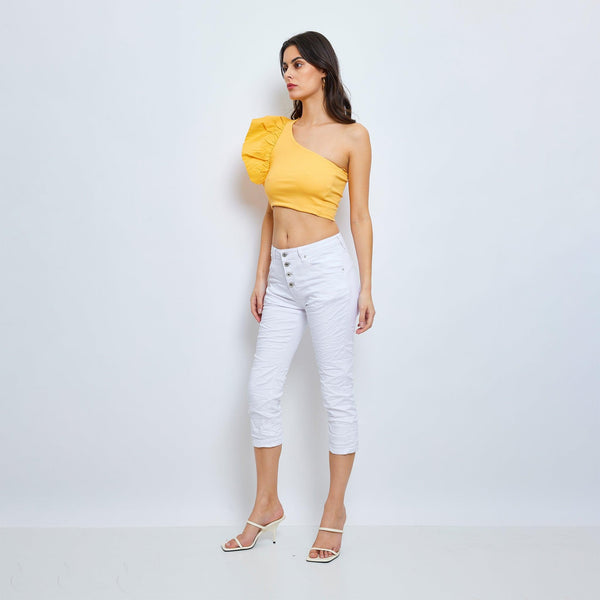 Color:Blanc , Pantacourt en JoggJeans à Boutons - Pantacourt Femme - Place du jour