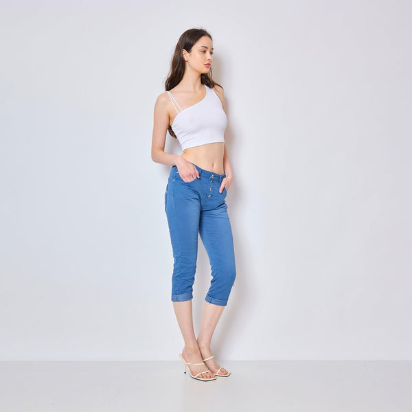 Color:Bleu , Pantacourt en JoggJeans à Boutons - Pantacourt Femme - Place du jour