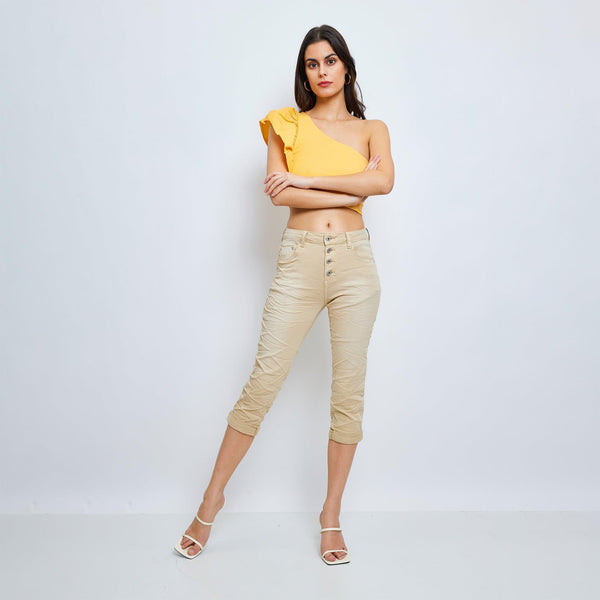 Color:Camel, Pantacourt en JoggJeans à Boutons - Pantacourt Femme - Place du jour