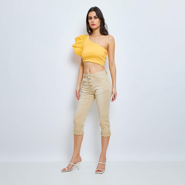 Color:Camel, Pantacourt en JoggJeans à Boutons - Pantacourt Femme - Place du jour