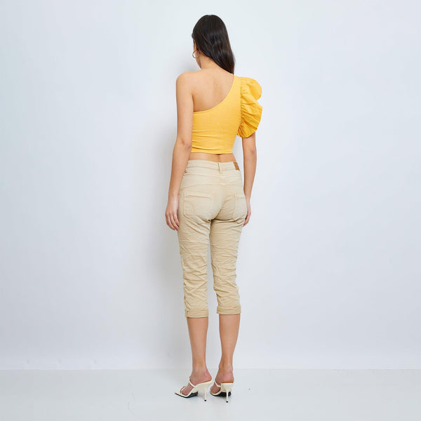 Color:Camel, Pantacourt en JoggJeans à Boutons - Pantacourt Femme - Place du jour