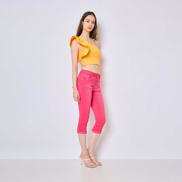 Color:Fuschia , Pantacourt en JoggJeans à Boutons - Pantacourt Femme - Place du jour