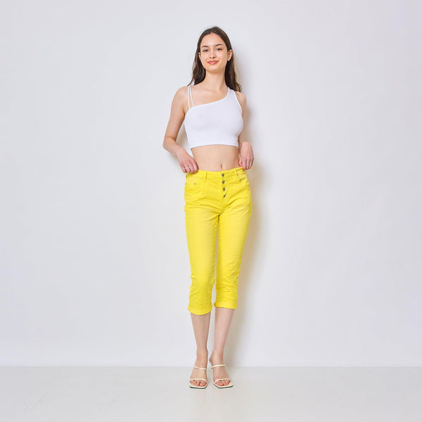 Color:Jaune , Pantacourt en JoggJeans à Boutons - Pantacourt Femme - Place du jour