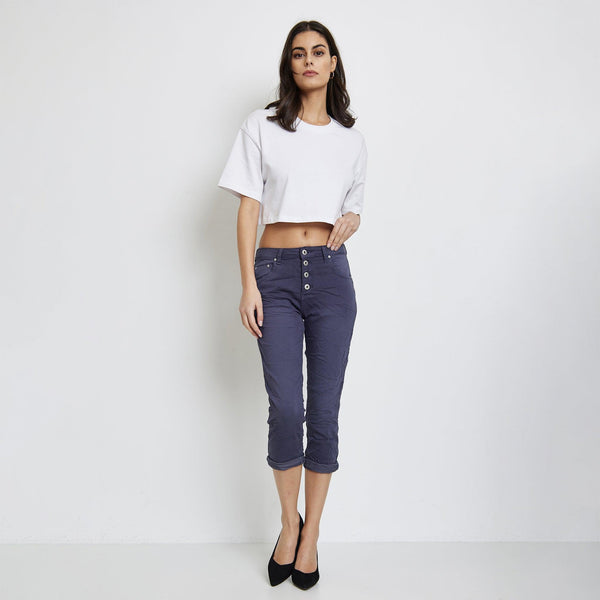 Color:Marine , Pantacourt en JoggJeans à Boutons - Pantacourt Femme - Place du jour