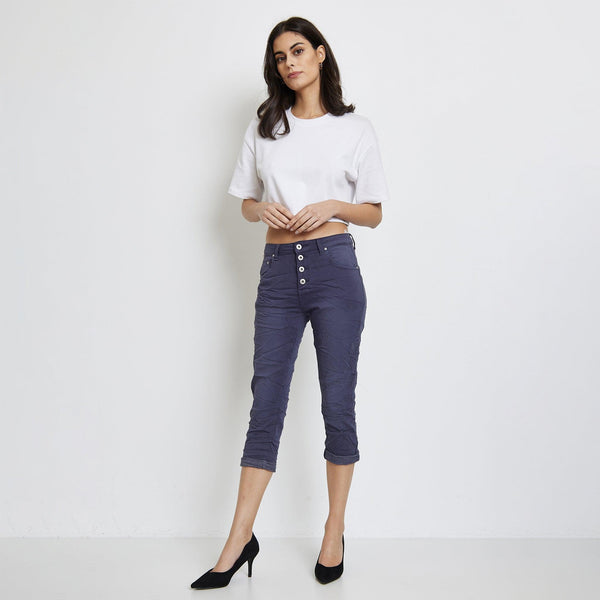 Color:Marine , Pantacourt en JoggJeans à Boutons - Pantacourt Femme - Place du jour