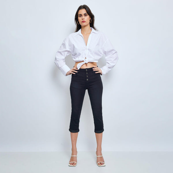 Color:Noir , Pantacourt en JoggJeans à Boutons - Pantacourt Femme - Place du jour