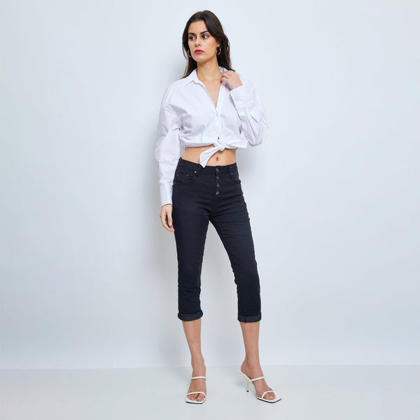 Color:Noir , Pantacourt en JoggJeans à Boutons - Pantacourt Femme - Place du jour