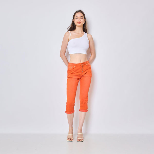 Color:Orange , Pantacourt en JoggJeans à Boutons - Pantacourt Femme - Place du jour