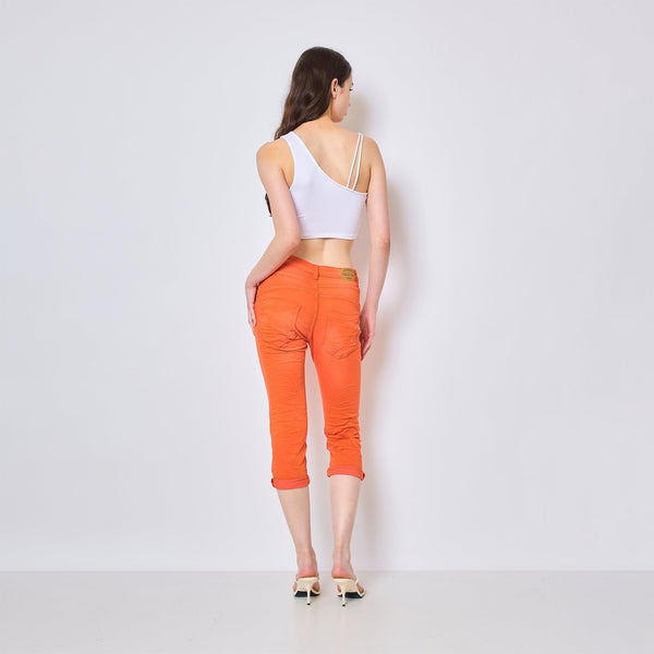 Color:Orange , Pantacourt en JoggJeans à Boutons - Pantacourt Femme - Place du jour