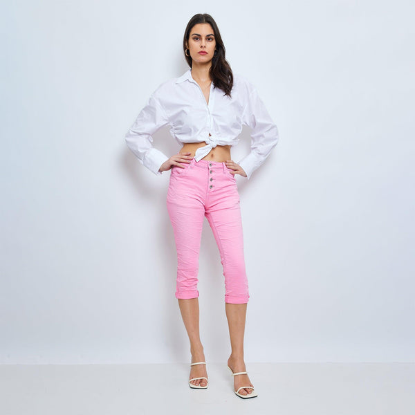 Color:Rose , Pantacourt en JoggJeans à Boutons - Pantacourt Femme - Place du jour